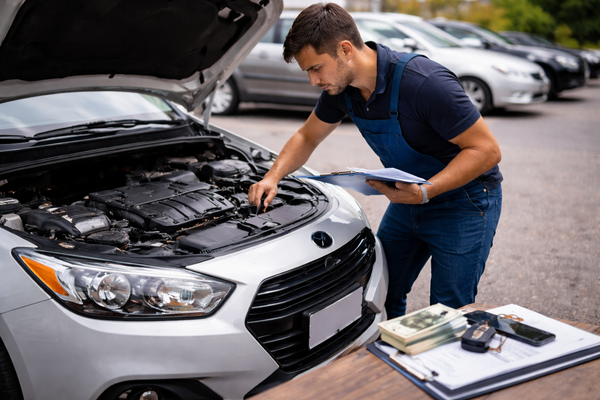 პროფესიონალი მექანიკოსი ატარებს მანქანის ინსპექციას ხელახალი გაყიდვის მიზნით თეთრ მანქანაზე, ავტომობილების კომპონენტების შემოწმება მოგების მიზნით