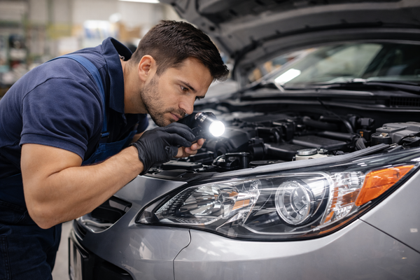 ავტომობილის ტექნიკოსი იყენებს ფარებს, რომ ყურადღებით შეამოწმოს მანქანა გაყიდვამდე, მანქანის კომპონენტების შემოწმება ხელახალი გაყიდვისთვის დამწყებთათვის და მანქანების გაყიდვის ბიზნესისთვის