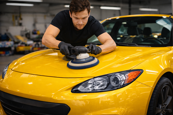 პროფესიონალური მანქანის დეტალირების მომსახურება მოგებისათვის, ყვითელი სპორტული მანქანის კაპოტის პოლირება მანქანის ხელახალი გაყიდვის სახელმძღვანელოსთვის და როგორ უნდა გაყიდოთ მანქანები მოგებისათვის