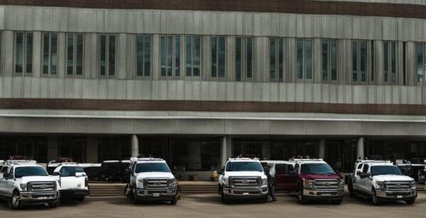 White government fleet trucks lined up outside a federal building at a GSA vehicle auction in Texas