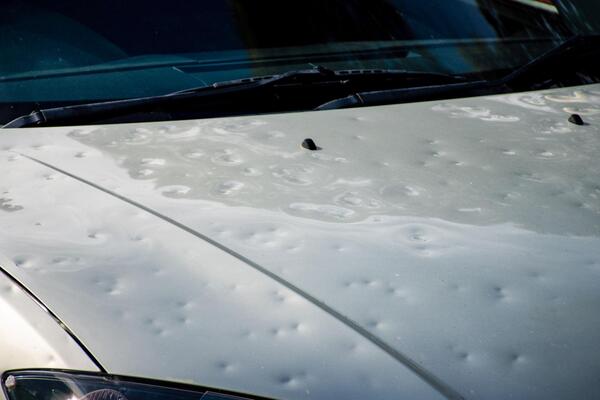 Close-up of severe hail dents on a car hood illustrating how storm damage leads to a salvage title meaning the car is declared a total loss vehicle