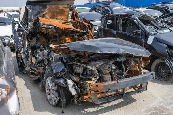 Heavily burned and wrecked vehicles at a salvage yard illustrating what does salvage title mean after severe fire damage and the role of salvage title inspection in determining roadworthiness