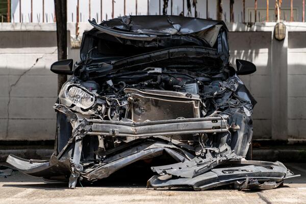 Completely destroyed front end of a black car with engine components exposed illustrating the risks of buying a salvage title vehicle and the complications of obtaining salvage title insurance