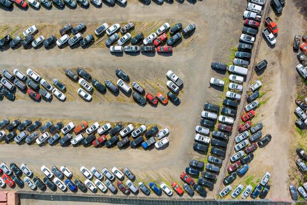 Aerial view of a salvage lot representing salvage car auction Los Angeles and Copart Los Angeles vehicle inventory